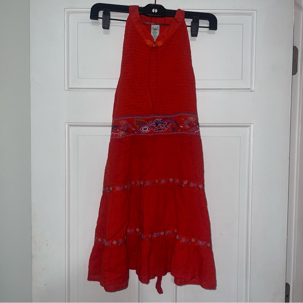 FREE PEOPLE Women's Red High Neck Smocked Blouse Tie Back Embroidery Size 10